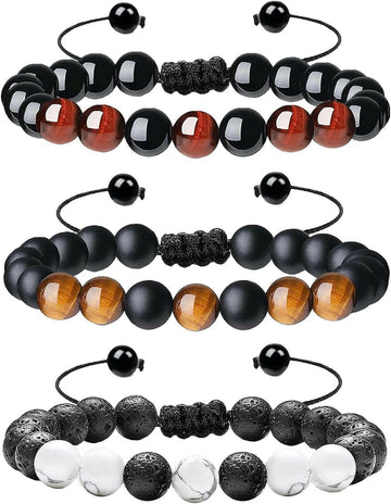 Multi-Piece Set 8Mm Men'S Tiger Eye Bracelet, Men'S Beaded Bracelet, Natural Stone Bracelet, Couple Bracelet, Jewelry Gifts, Men'S and Women'S (Three-Piece Suit)